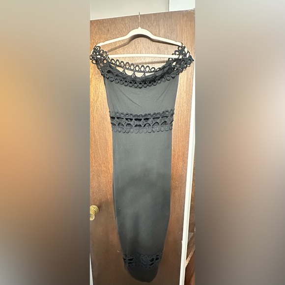 Black Summer off shoulder slim fit long dress with lace. - Picture 7 of 12